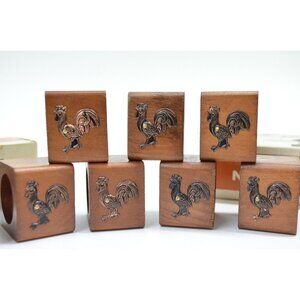 Vintage Napkin Ring Set of 8 Wooden Bronze Victor Goldman Box Rooster Japan